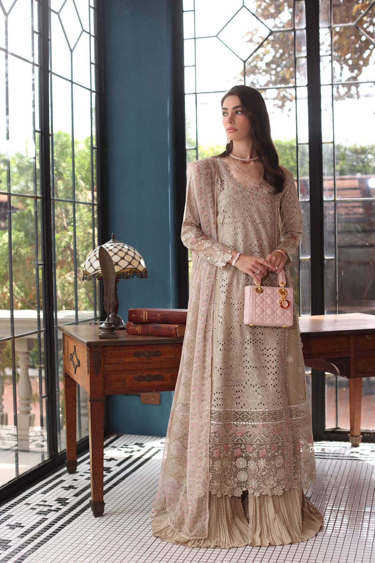Noor by Saadia Asad | Eid Luxury Schiffli Laserkari 25 | D1- Beige -  Noor by Saadia Asad Ladies Clothes - Original Designer Dress - House of Maryam