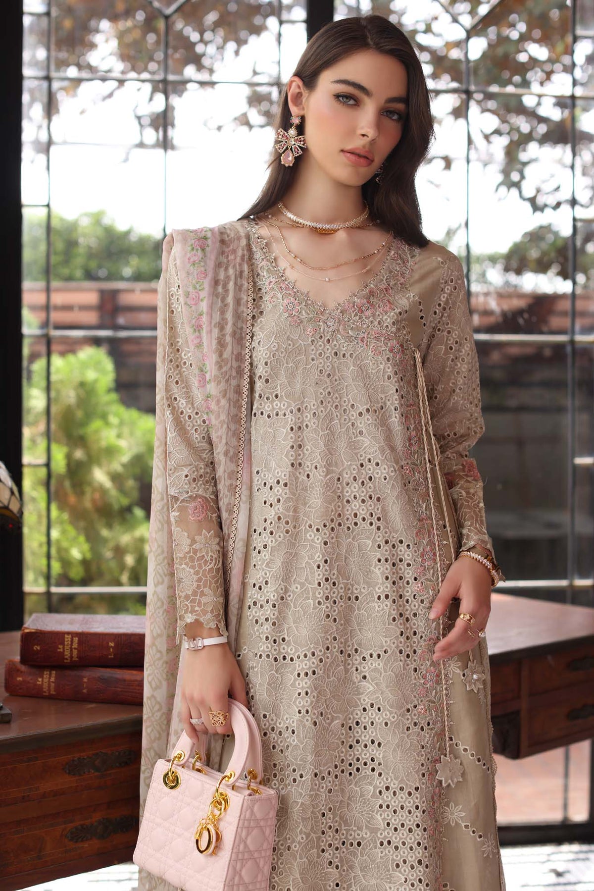Noor by Saadia Asad | Eid Luxury Schiffli Laserkari 25 | D1- Beige -  Noor by Saadia Asad Ladies Clothes - Original Designer Dress - House of Maryam