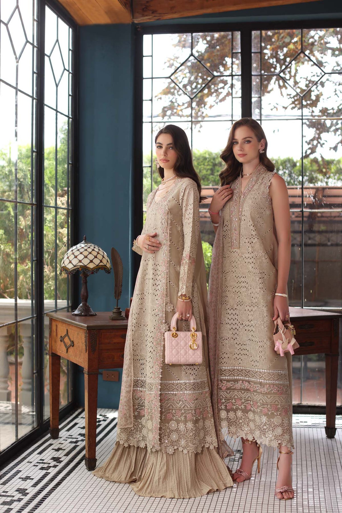 Noor by Saadia Asad | Eid Luxury Schiffli Laserkari 25 | D1- Beige -  Noor by Saadia Asad Ladies Clothes - Original Designer Dress - House of Maryam