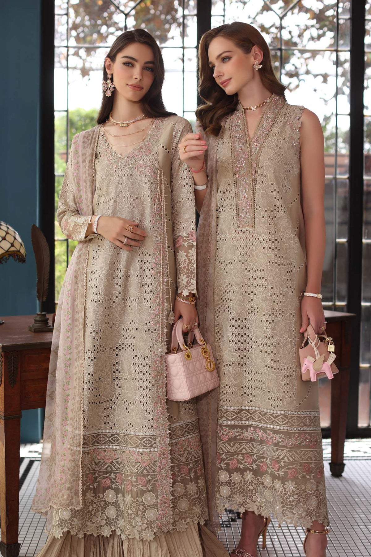 Noor by Saadia Asad | Eid Luxury Schiffli Laserkari 25 | D1- Beige -  Noor by Saadia Asad Ladies Clothes - Original Designer Dress - House of Maryam