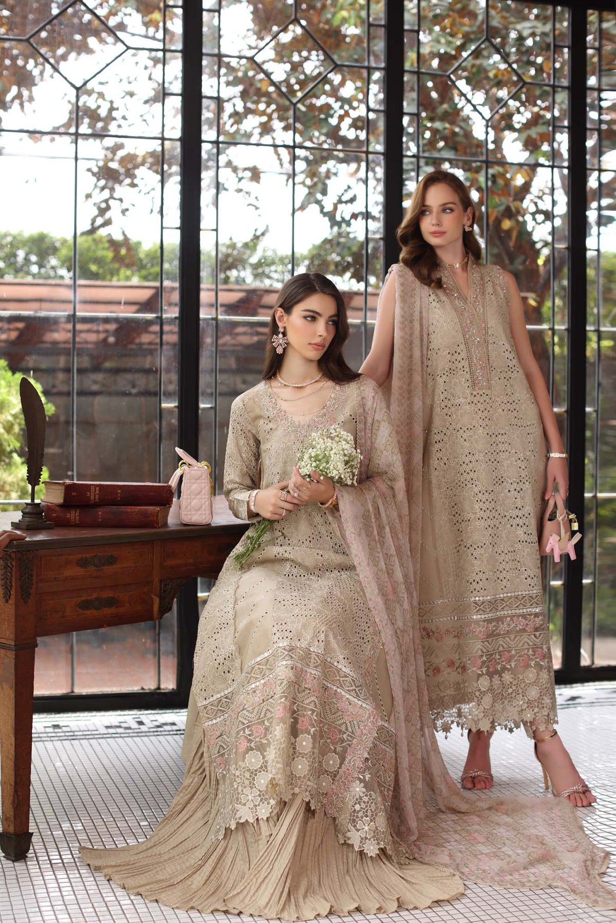 Noor by Saadia Asad | Eid Luxury Schiffli Laserkari 25 | D1- Beige -  Noor by Saadia Asad Ladies Clothes - Original Designer Dress - House of Maryam