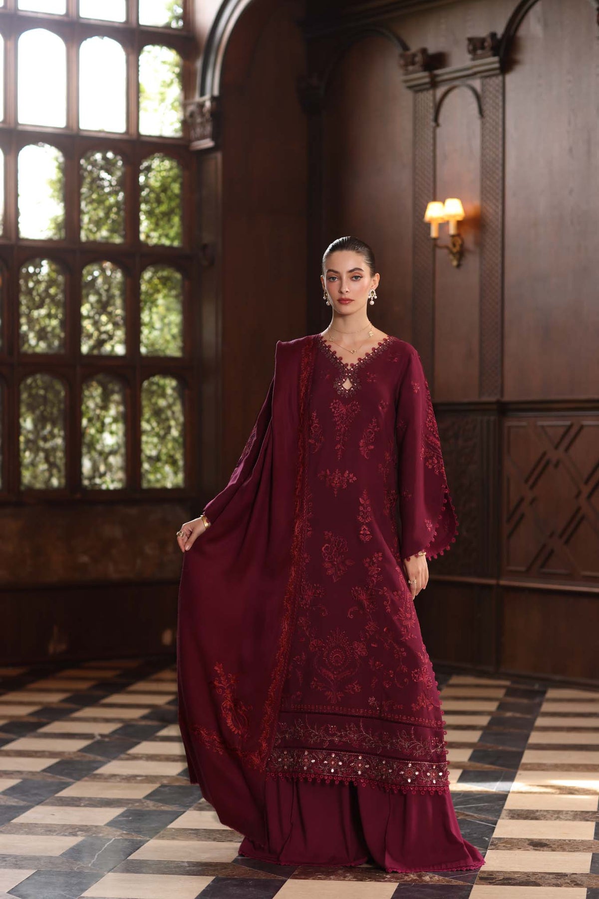 Noor by Saadia Asad | Winter Pashmina 25 | Royal Claret-2