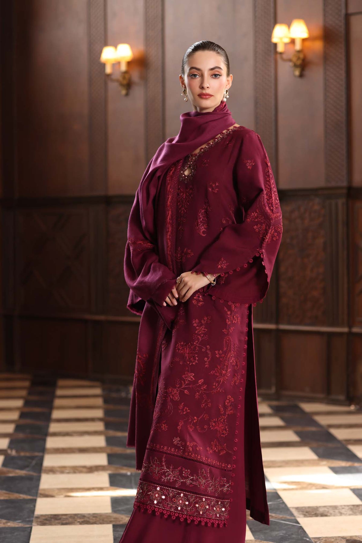 Noor by Saadia Asad | Winter Pashmina 25 | Royal Claret-4