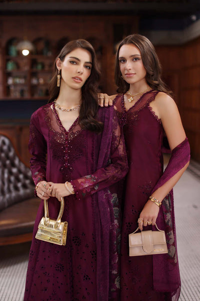 Noor by Saadia Asad | Eid Luxury Schiffli Laserkari 25 | D12- Plum -  Noor by Saadia Asad Ladies Clothes - Original Designer Dress - House of Maryam