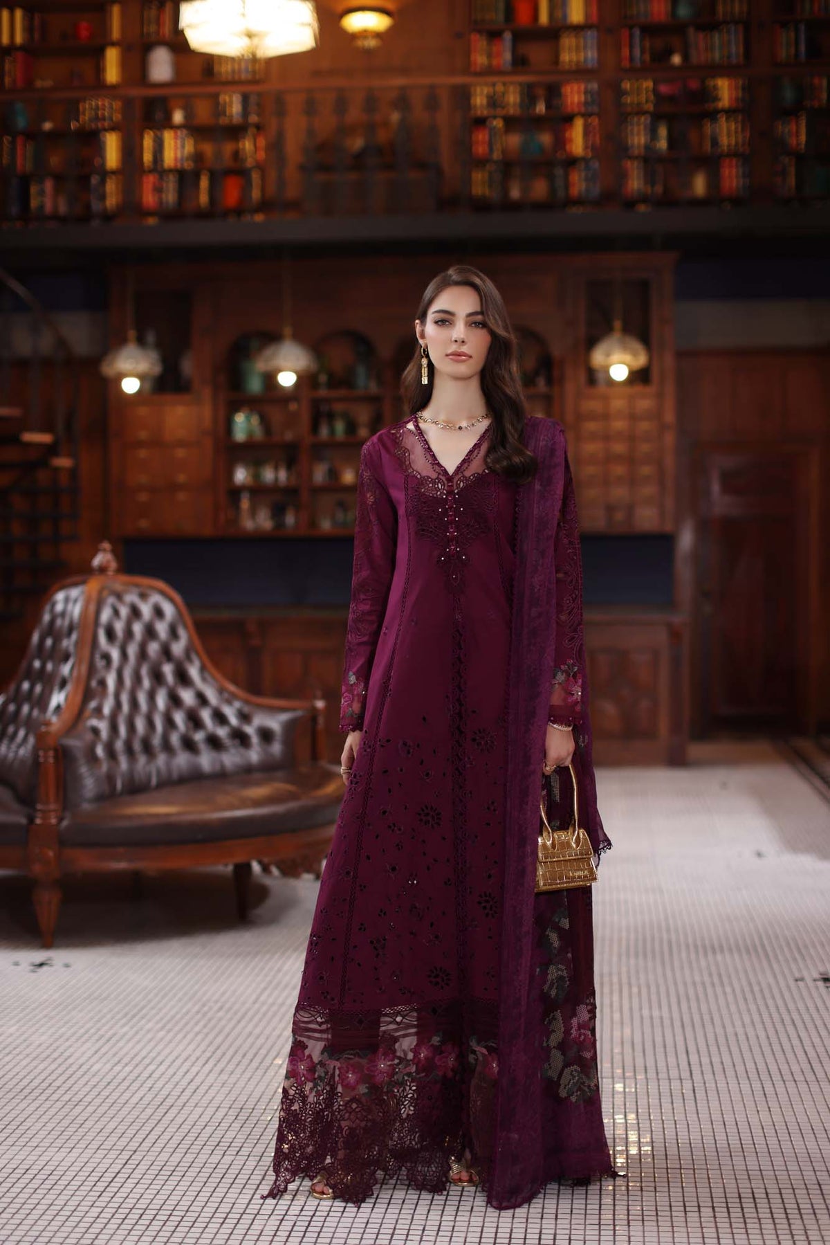 Noor by Saadia Asad | Eid Luxury Schiffli Laserkari 25 | D12- Plum -  Noor by Saadia Asad Ladies Clothes - Original Designer Dress - House of Maryam