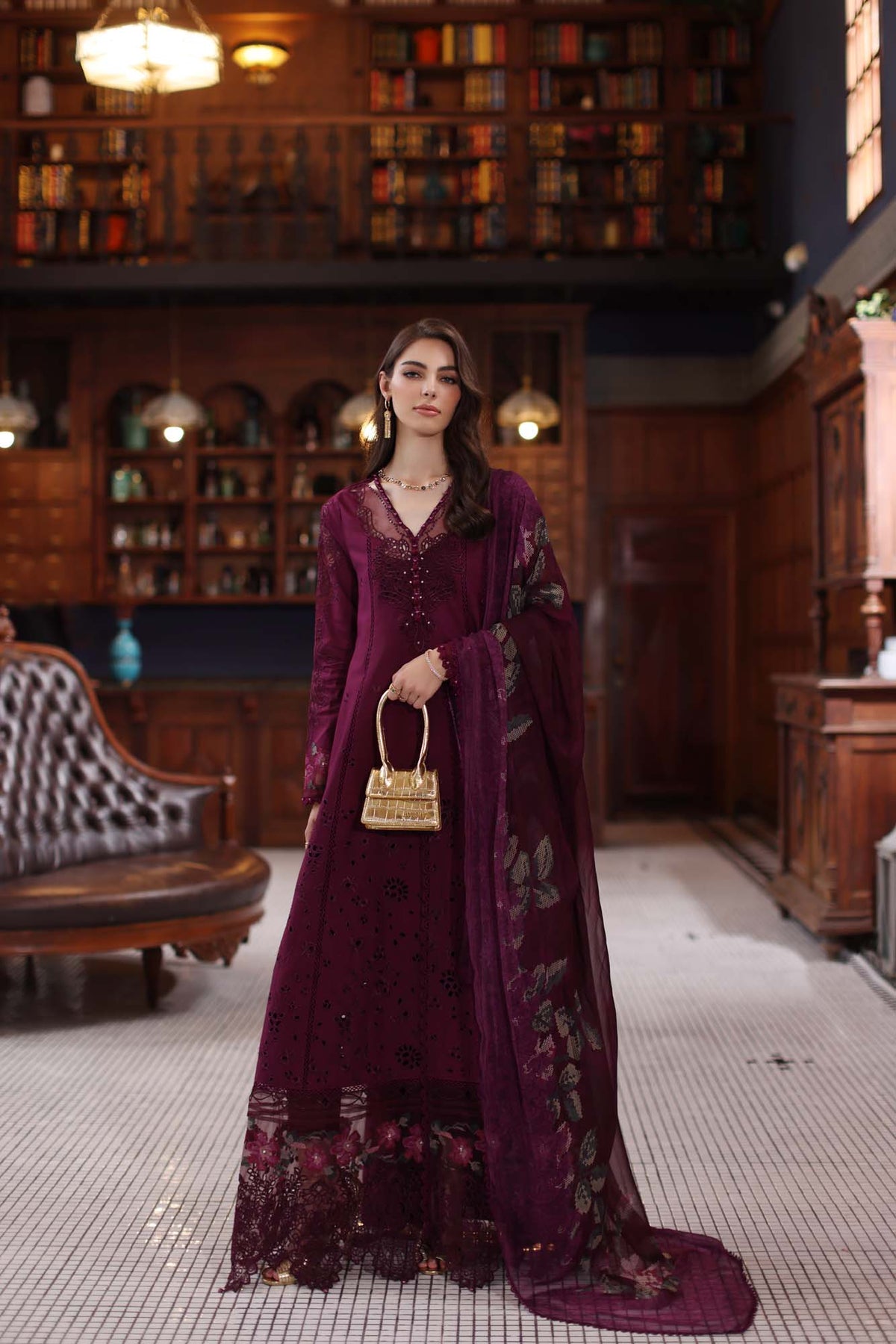Noor by Saadia Asad | Eid Luxury Schiffli Laserkari 25 | D12- Plum -  Noor by Saadia Asad Ladies Clothes - Original Designer Dress - House of Maryam