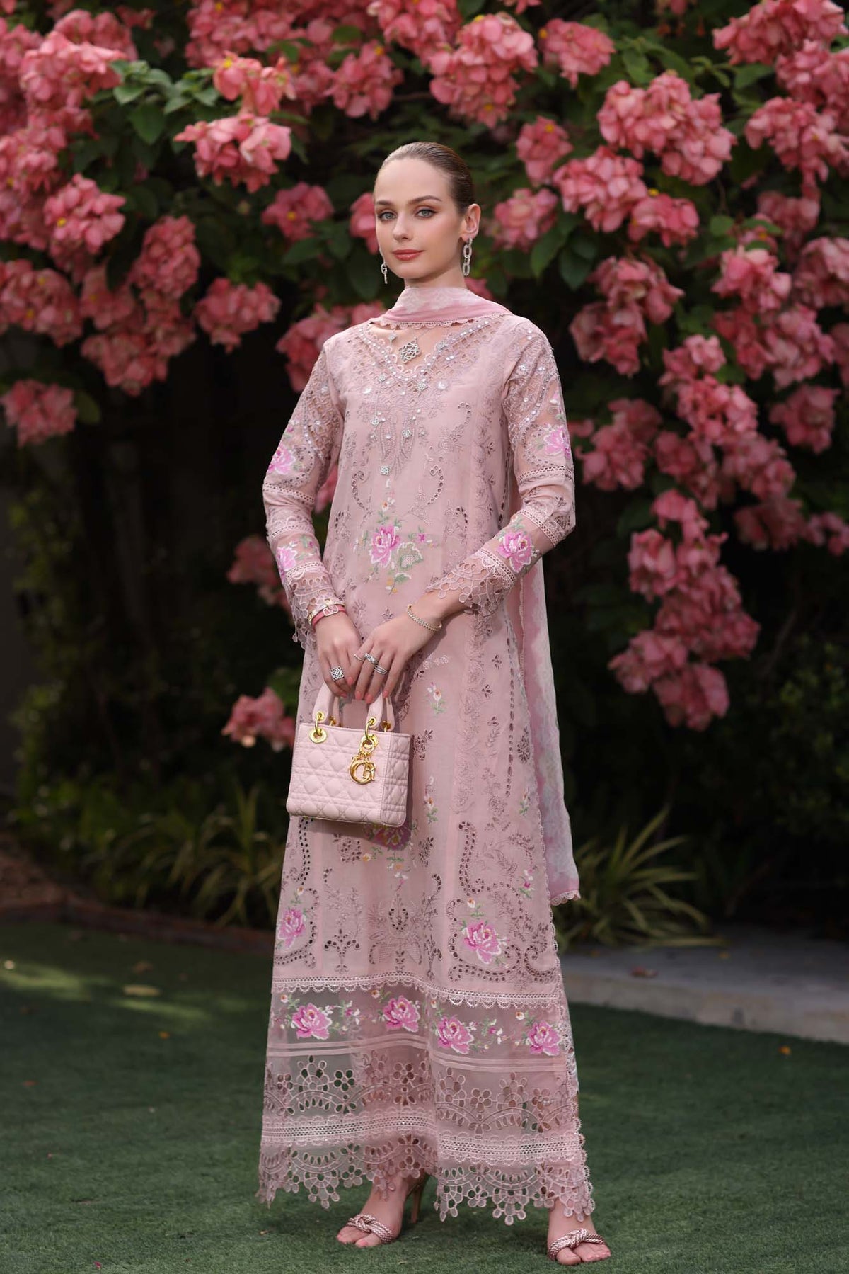 Noor by Saadia Asad | Eid Luxury Schiffli Laserkari 25 | D8- Pink -  Noor by Saadia Asad Ladies Clothes - Original Designer Dress - House of Maryam