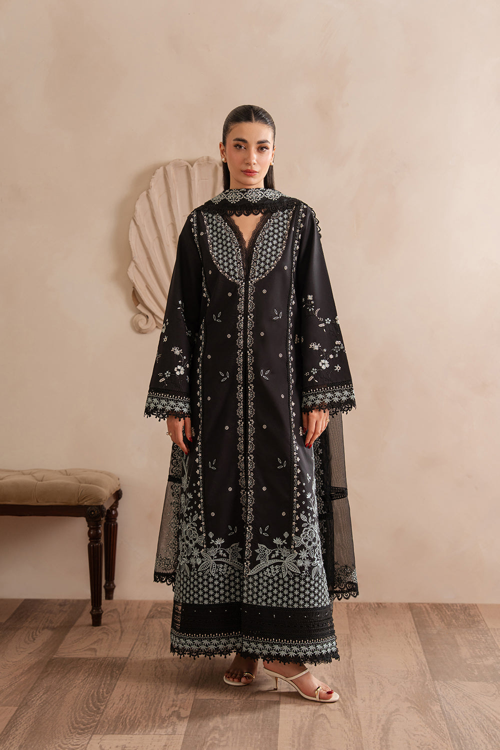 Afrozeh Stone black embroidered lawn suit