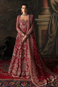 Afrozeh The Brides Edit 23 Adelaide bridal dress in brick red with heavy gold embroidery, full sleeves, and matching dupatta, front view.