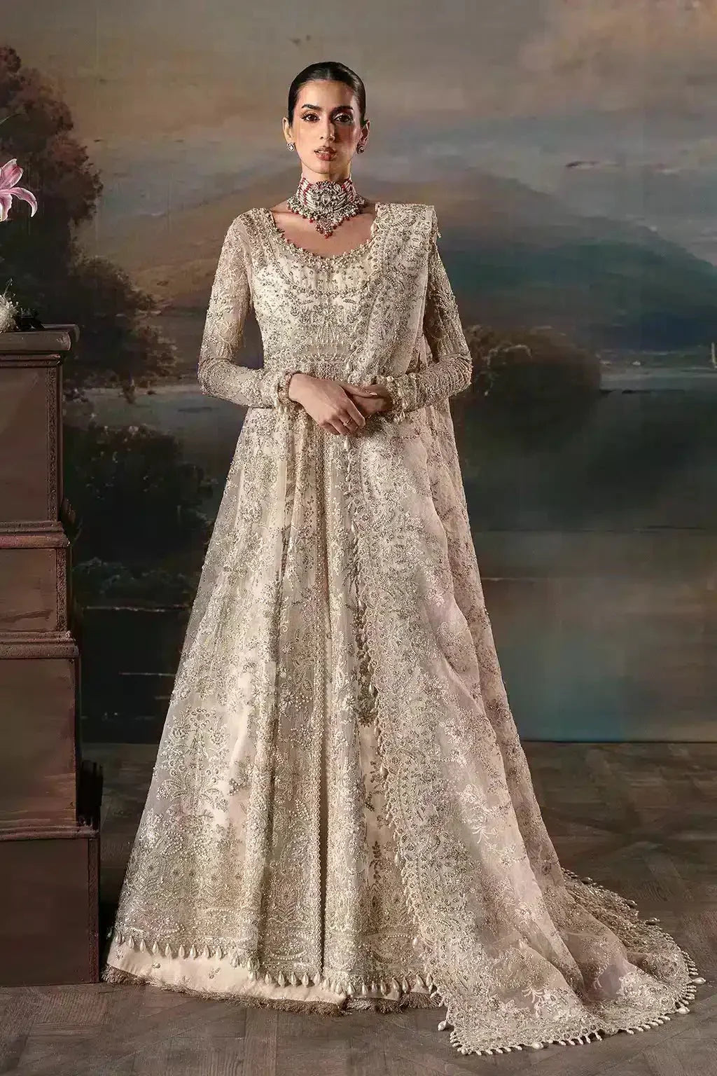 Afrozeh The Brides Edit 23 Clara bridal dress in baby pink organza with intricate gold embroidery, long peshwas and lehnga design.