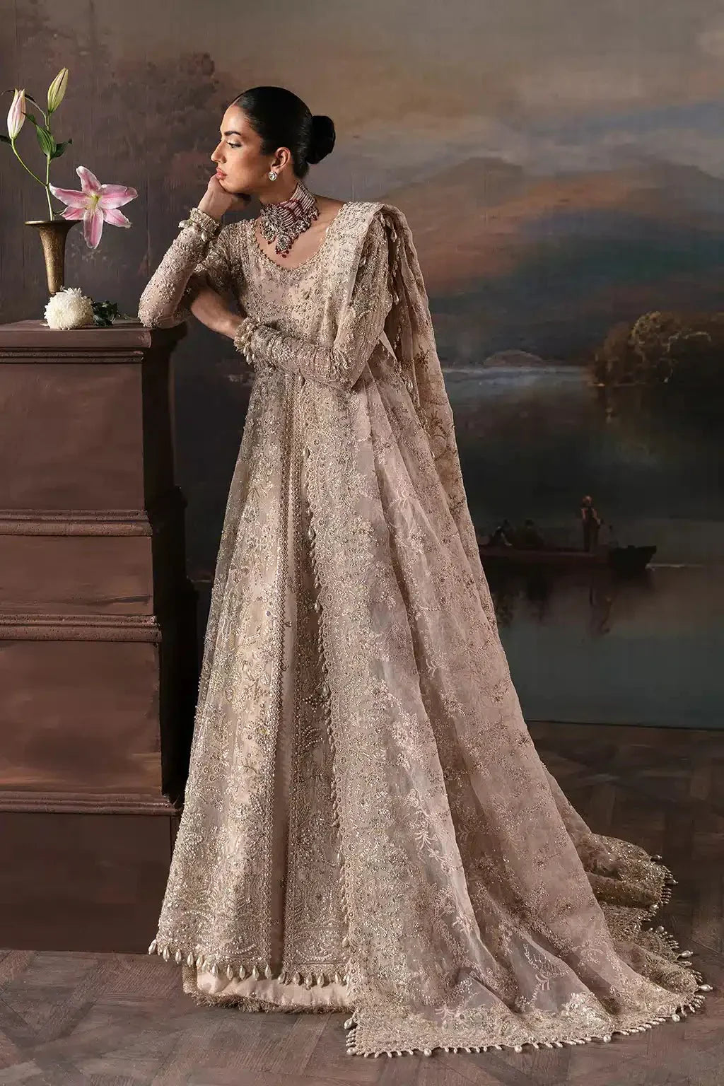 Afrozeh bridal dress Clara from The Brides Edit 23 in baby pink organza, showcasing detailed embroidery and elegant dupatta drape.