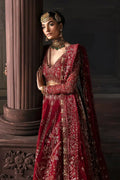 Close-up of Afrozeh The Brides Edit 23 Emmaine bridal outfit showcasing maroon lehnga choli with gold embellishments and matching dupatta.