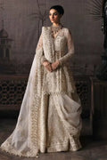 Afrozeh The Brides Edit 23 Helena bridal outfit featuring an off-white organza short shirt with intricate embroidery and matching plazo.