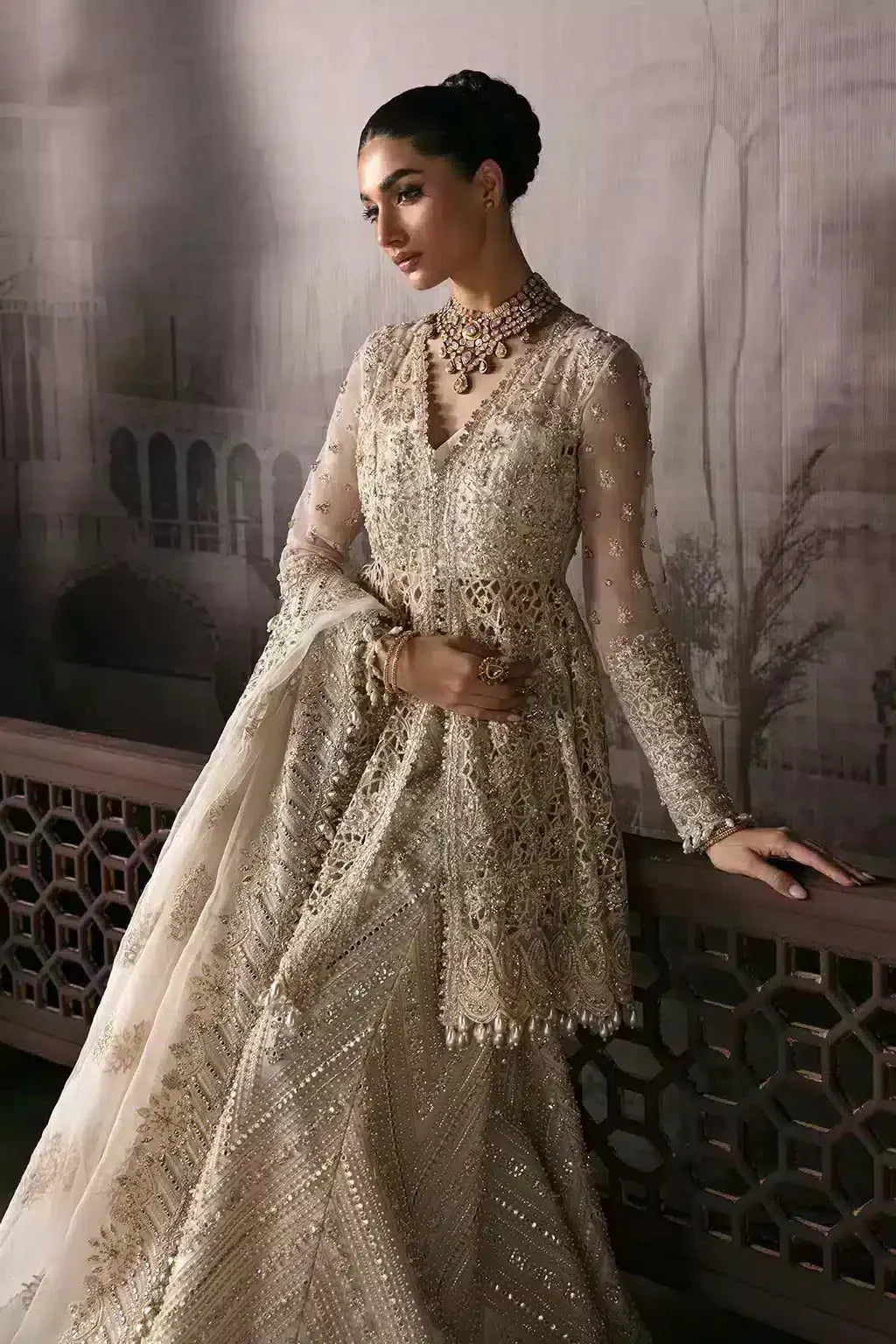 Close-up of Afrozeh Helena bridal dress from The Brides Edit 23, highlighting delicate handwork on organza fabric and luxurious bridal styling.
