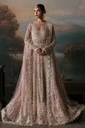 Front view of Afrozeh The Brides Edit 23 Isabella bridal maxi dress in lilac net with ornate embellishments and regal styling.