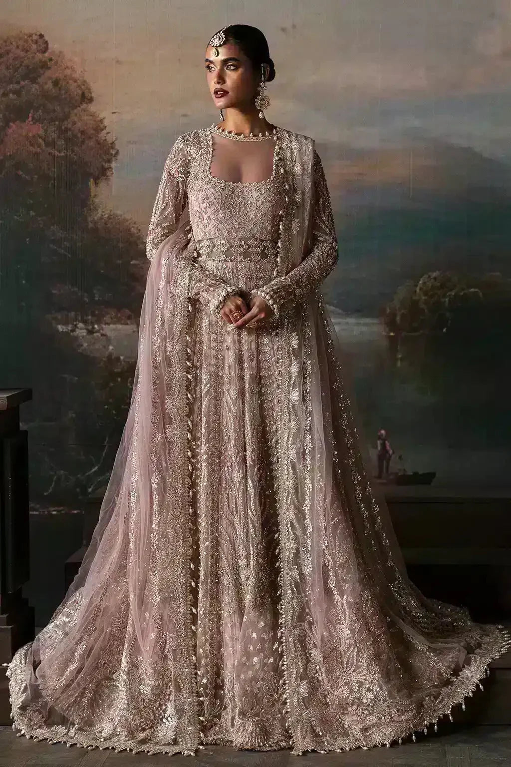 Front view of Afrozeh The Brides Edit 23 Isabella bridal maxi dress in lilac net with ornate embellishments and regal styling.