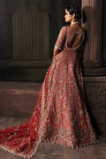 Afrozeh The Brides Edit 23 Lavinia bridal dress in rust net fabric with intricate embroidery and open back design, perfect for weddings.