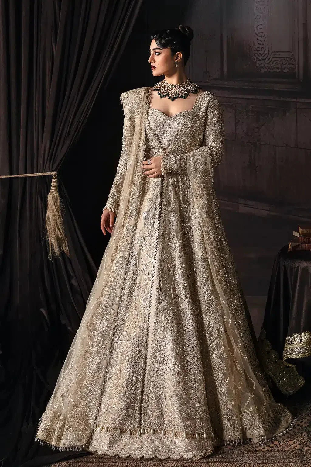 Afrozeh The Brides Edit 23 Margaret bridal dress in gold with intricate zari work and open jacket style, perfect for luxury weddings.