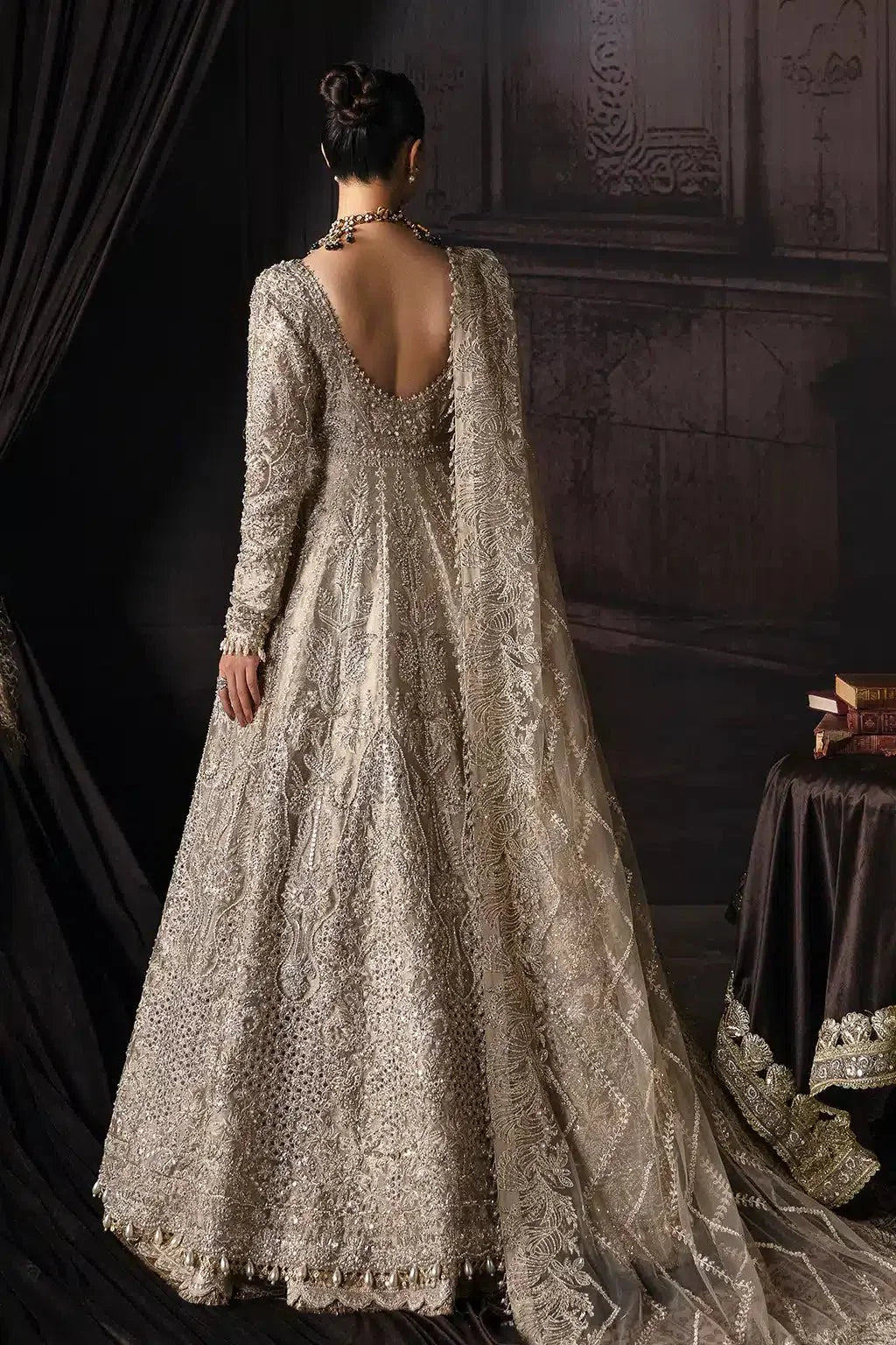 Afrozeh The Brides Edit 23 Margaret bridal dress in gold with intricate zari work and open jacket style, perfect for luxury weddings.
