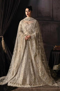 Front view of Afrozeh Margaret bridal dress with sheer embroidered dupatta draped over shoulders, highlighting regal craftsmanship.