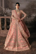 Afrozeh The Brides Edit 23 Victoria bridal dress in tea pink organza, featuring intricate gold embroidery and a slit peshwas with lehnga.