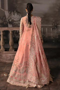 Back view of Afrozeh The Brides Edit 23 Victoria bridal lehnga in tea pink organza with detailed embroidery and flowing dupatta.