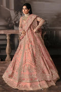 Front pose of Afrozeh The Brides Edit 23 Victoria bridal outfit showcasing ornate embellishments on tea pink slit peshwas and lehnga.