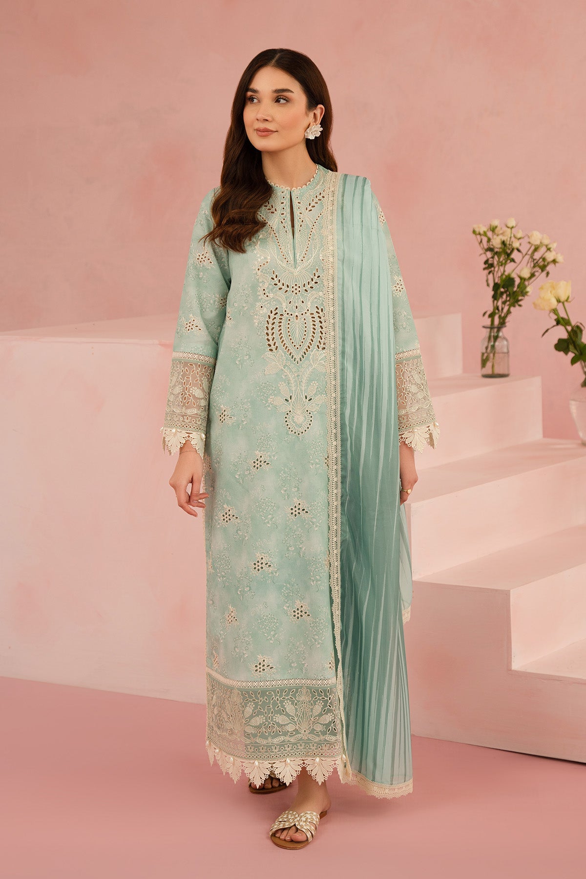 Afrozeh Leonora apple green embroidered lawn suit