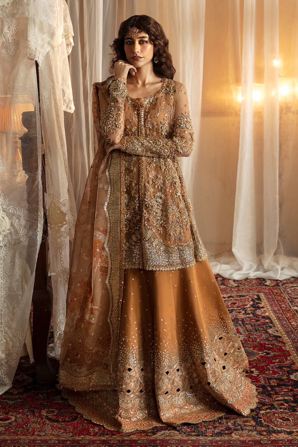 Afrozeh Nooray golden net formal suit