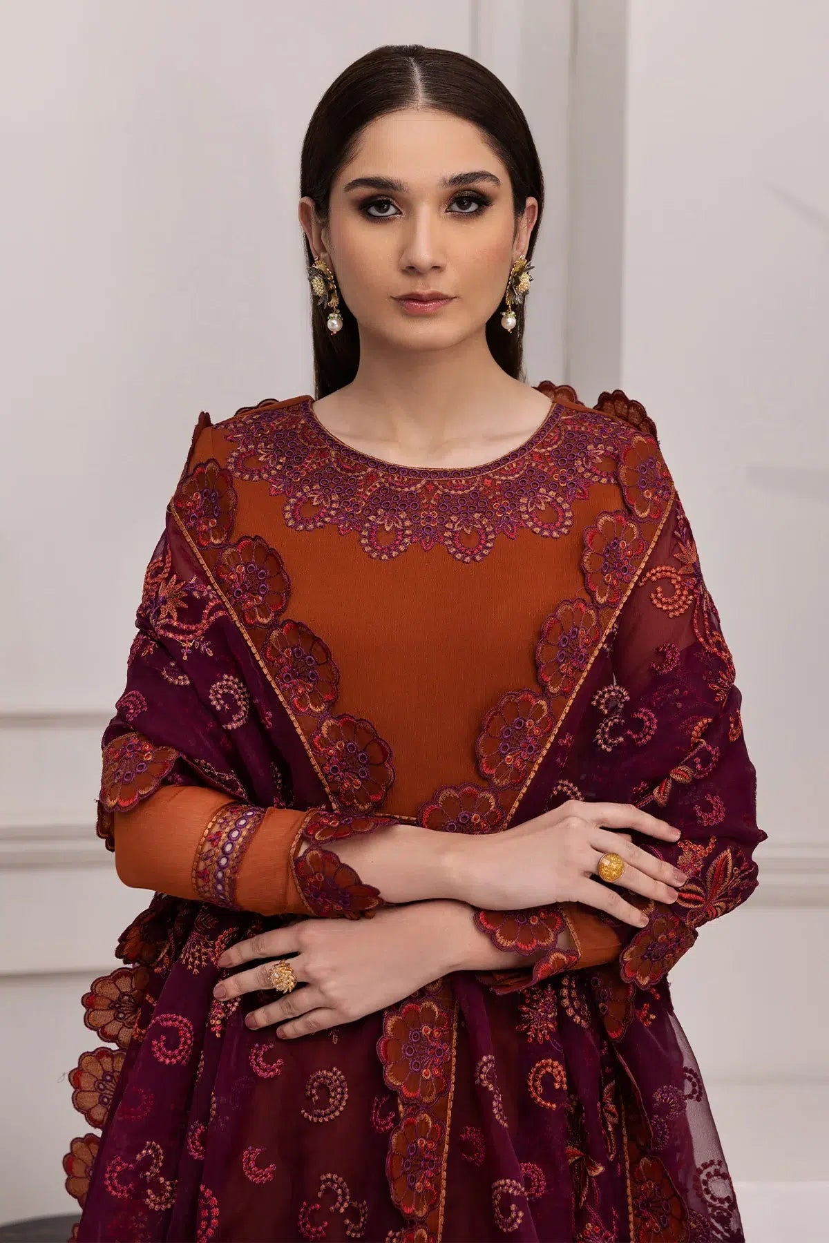 Alizeh | Formals Collection | Rust Dress 3 piece - RTW1011 by Designer Alizeh - House of Maryam - Pakistani Designer Ethnic Wear in {{ shop.shopifyCountryName }}