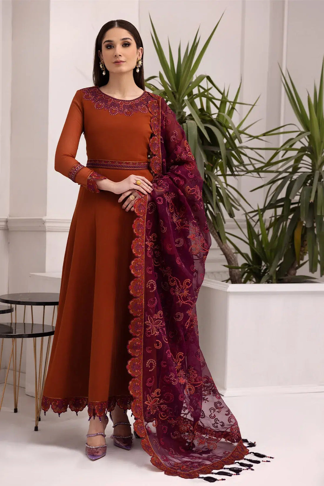 Alizeh | Formals Collection | Rust Dress 3 piece - RTW1011 by Designer Alizeh - House of Maryam - Pakistani Designer Ethnic Wear in {{ shop.shopifyCountryName }}