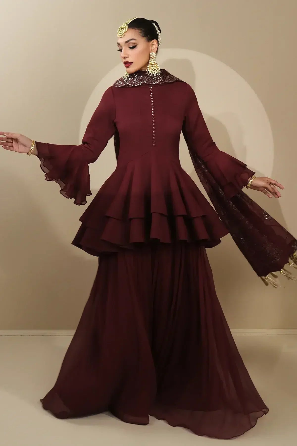Alizeh | Formals Collection | Maroon Peplum 3 piece - RTW1014 -  Alizeh Formal - Original Designer Dress - House of Maryam