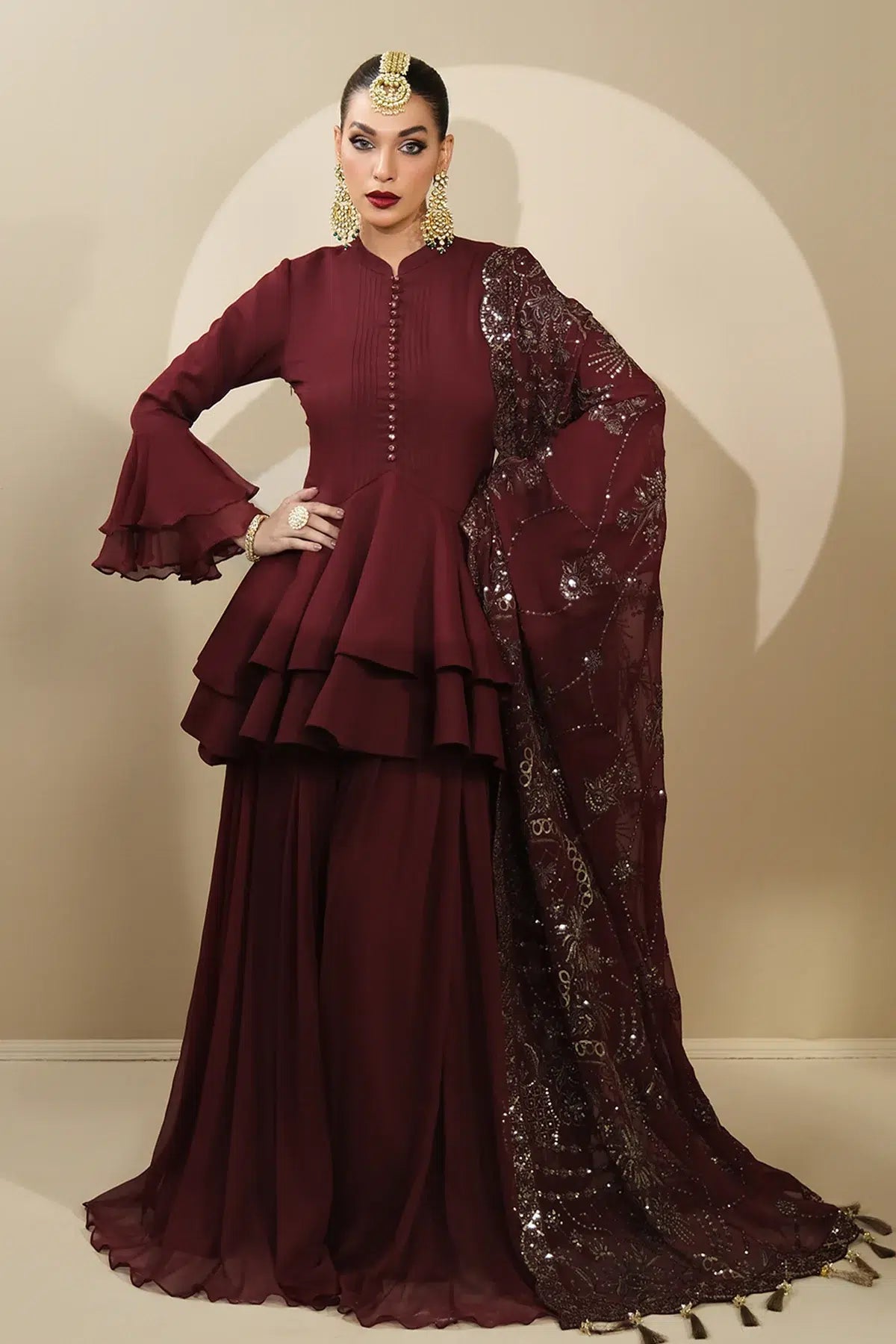 Alizeh | Formals Collection | Maroon Peplum 3 piece - RTW1014 by Designer Alizeh - House of Maryam - Pakistani Designer Ethnic Wear in {{ shop.shopifyCountryName }}