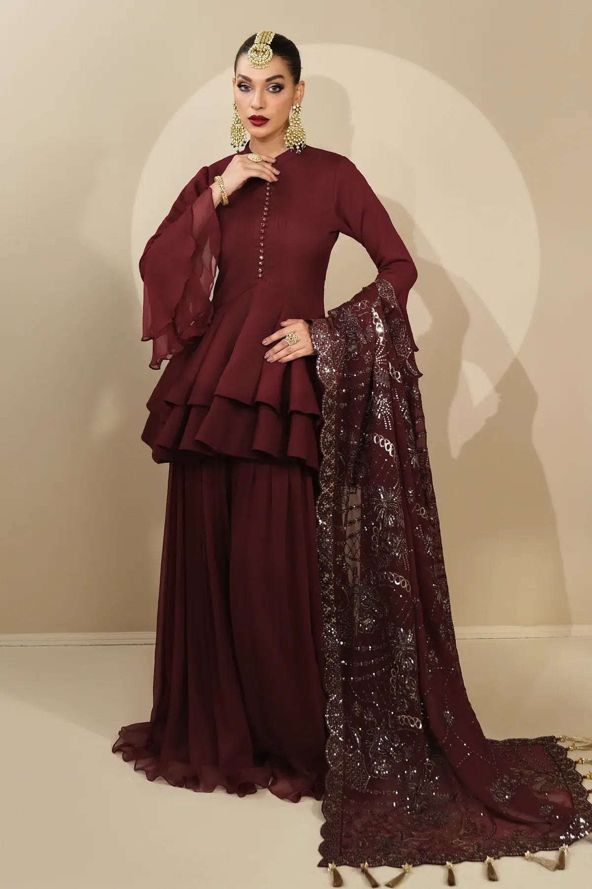 Alizeh | Formals Collection | Maroon Peplum 3 piece - RTW1014 by Designer Alizeh - House of Maryam - Pakistani Designer Ethnic Wear in {{ shop.shopifyCountryName }}