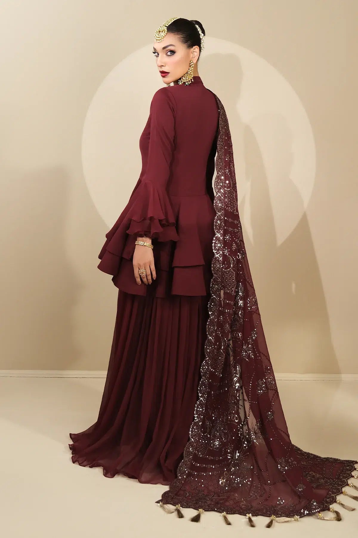 Alizeh | Formals Collection | Maroon Peplum 3 piece - RTW1014 by Designer Alizeh - House of Maryam - Pakistani Designer Ethnic Wear in {{ shop.shopifyCountryName }}