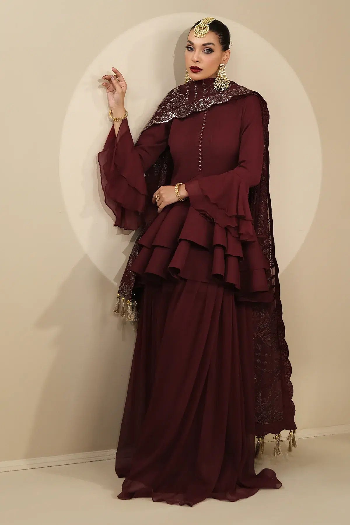 Alizeh | Formals Collection | Maroon Peplum 3 piece - RTW1014 by Designer Alizeh - House of Maryam - Pakistani Designer Ethnic Wear in {{ shop.shopifyCountryName }}