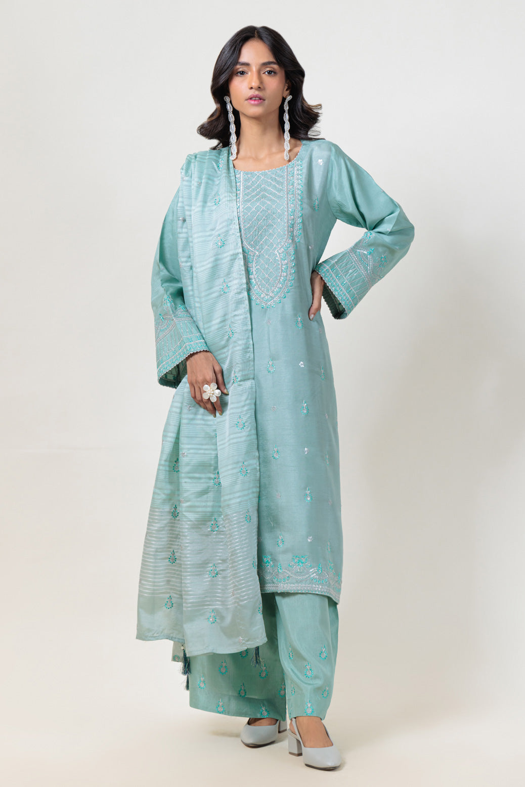Bonanza Satrangi | Green Silk 3 Piece (BS5243P06) -  Bonanza Satrangi Ready To Wear - Original Designer Dress - House of Maryam