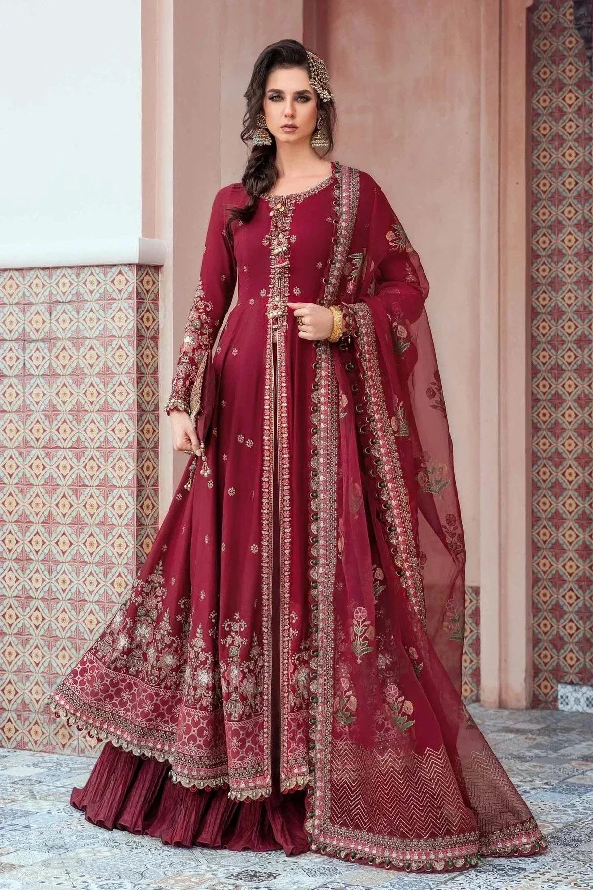 Maria B | Sateen Formals 23 | Maroon CST-708 by Designer Maria B - House of Maryam - Pakistani Designer Ethnic Wear in {{ shop.shopifyCountryName }}