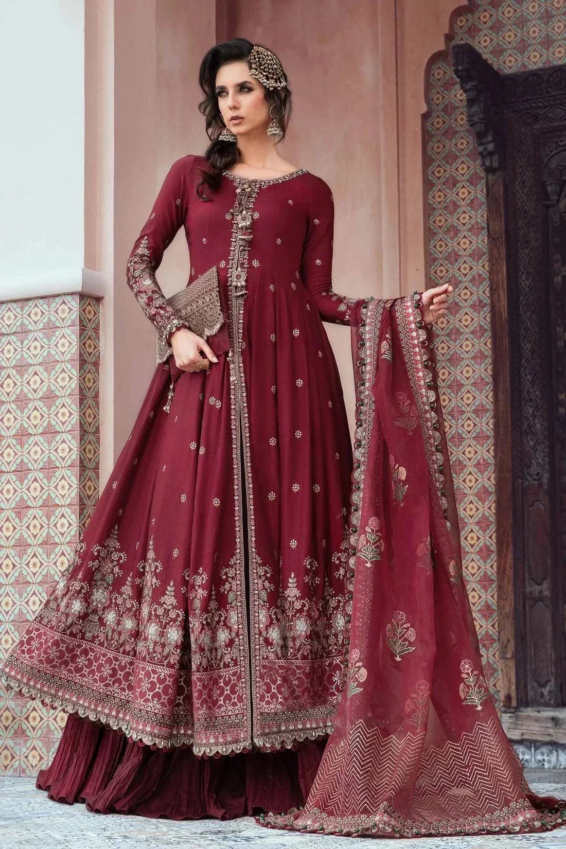 Maria B | Sateen Formals 23 | Maroon CST-708 by Designer Maria B - House of Maryam - Pakistani Designer Ethnic Wear in {{ shop.shopifyCountryName }}