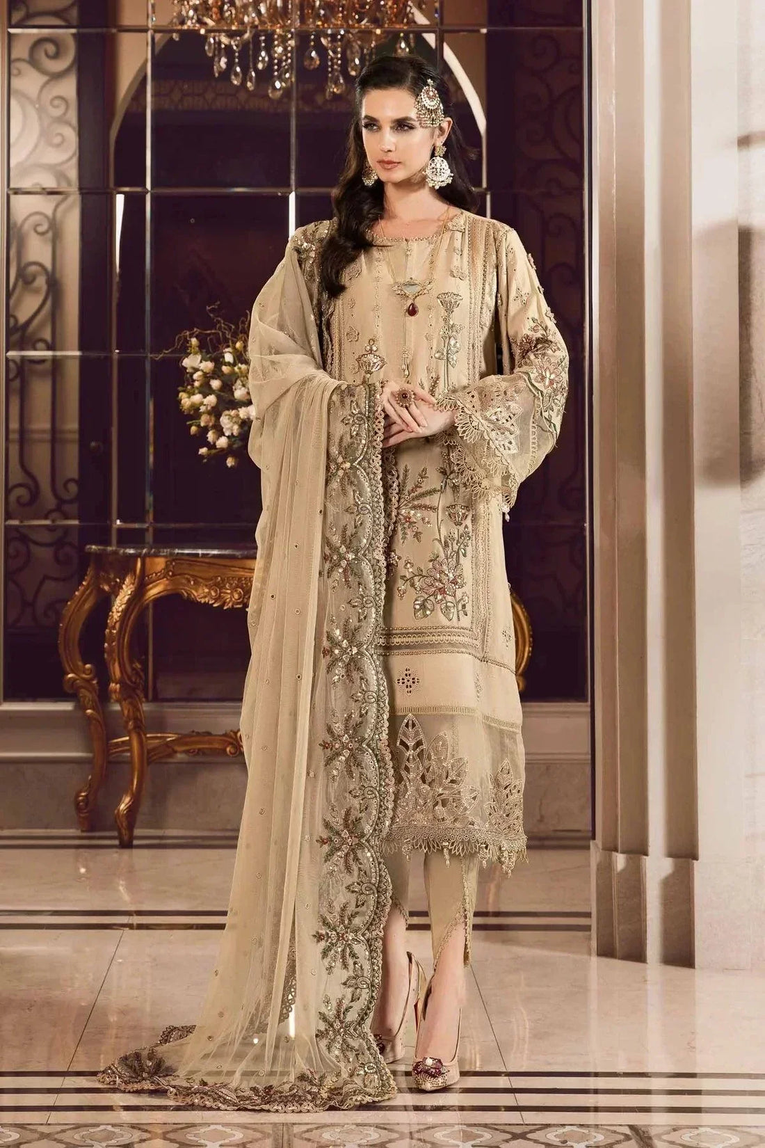 Maria B | Sateen Formals 23 | Beige CST-712 by Designer Maria B - House of Maryam - Pakistani Designer Ethnic Wear in {{ shop.shopifyCountryName }}