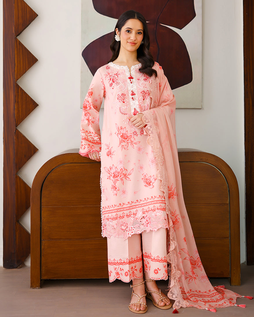 Roheenaz | Sunlit Tales Printed Embroidered Edit | Coral whisper-4