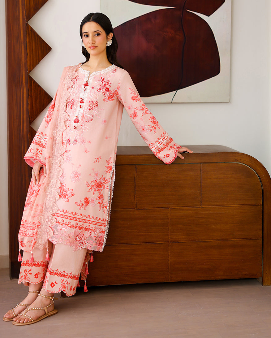 Roheenaz | Sunlit Tales Printed Embroidered Edit | Coral whisper-2