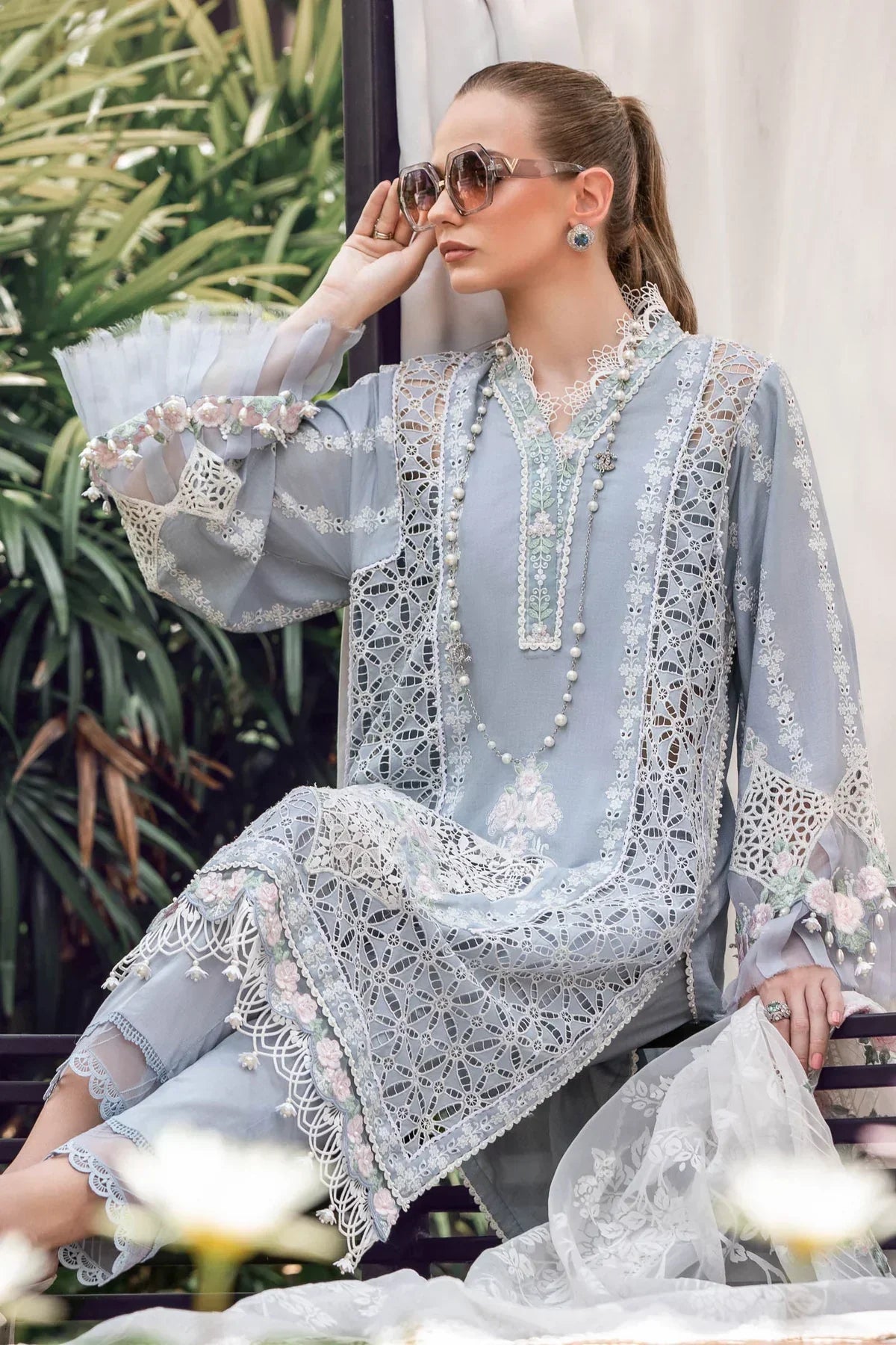 Maria B | Luxury Lawn | EL-23-10-Ice Blue by Designer Maria B - House of Maryam - Pakistani Designer Ethnic Wear in {{ shop.shopifyCountryName }}