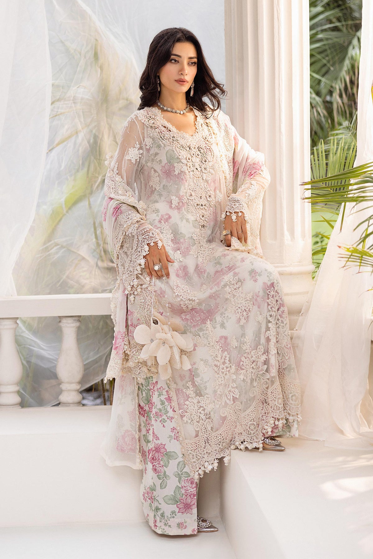 Maria B | Embroidered Chiffon Suit | MPC-25-101 -  Maria B Unstitched Chiffon - Original Designer Dress - House of Maryam