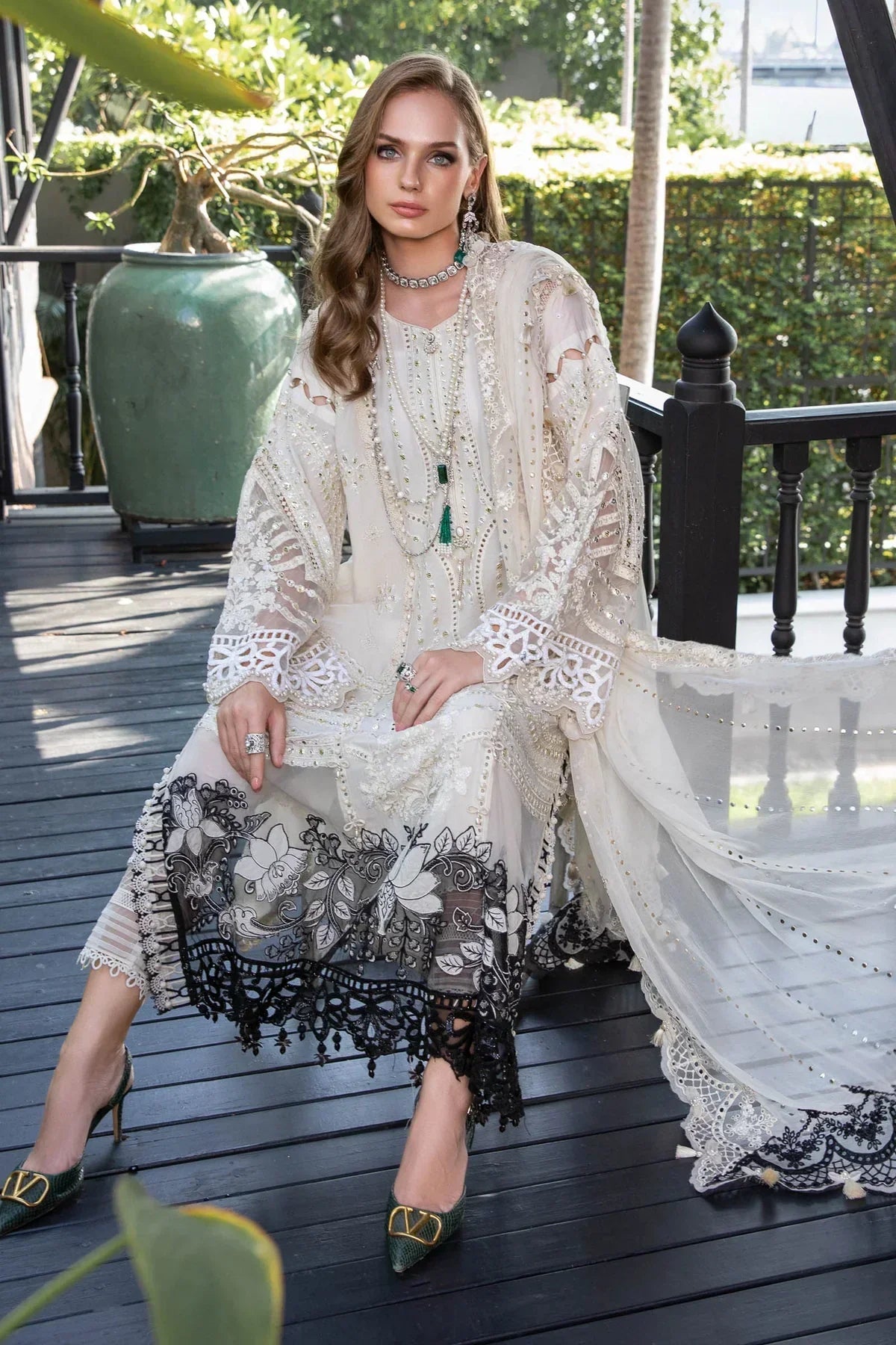 Maria B | Luxury Lawn | EL-23-02-Off White -  Maria B Luxury - Original Designer Dress - House of Maryam