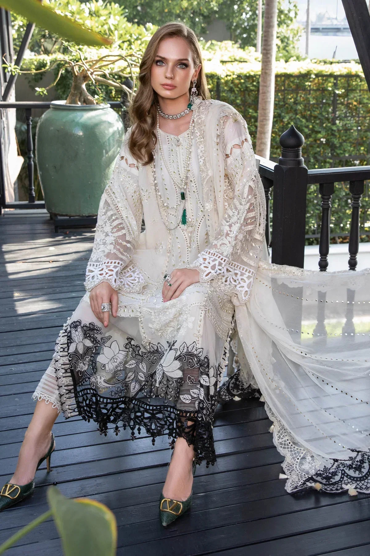 Maria B | Luxury Lawn | EL-23-02-Off White -  Maria B Luxury - Original Designer Dress - House of Maryam