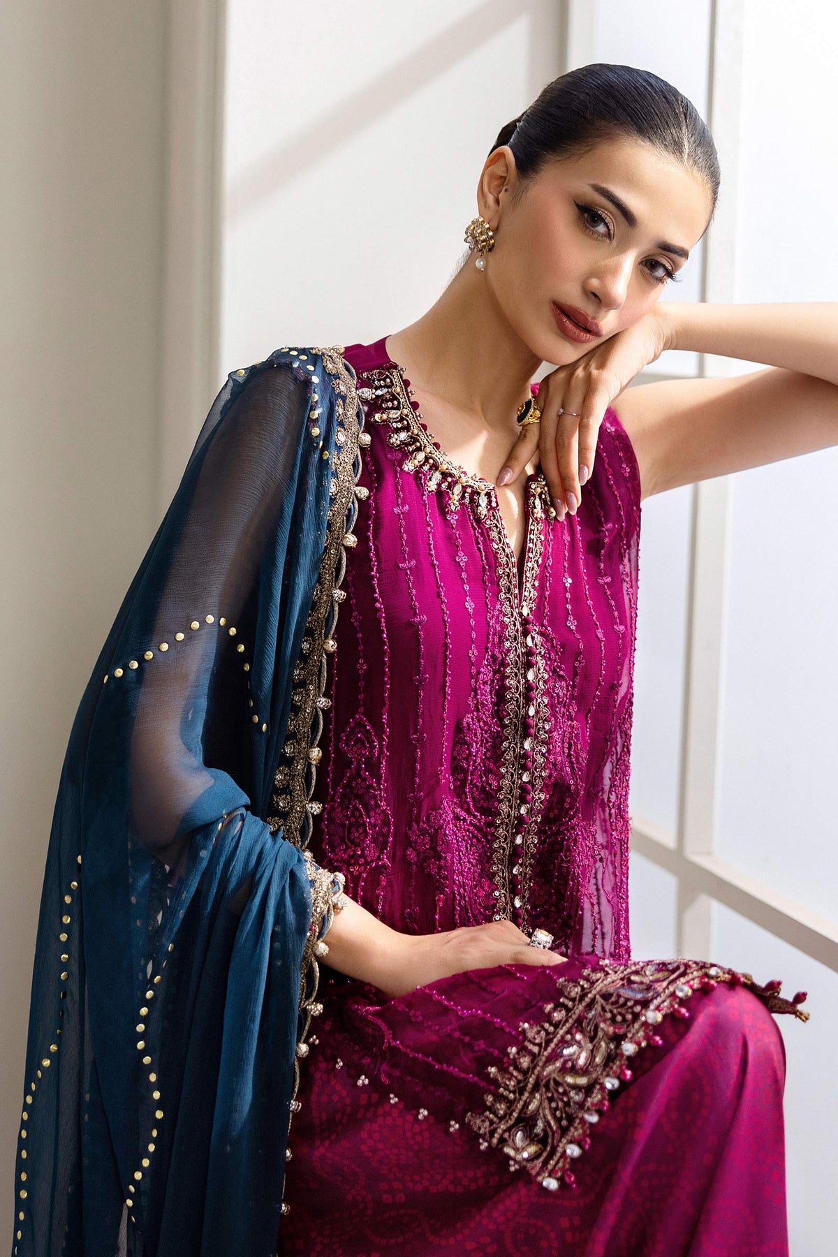 Maria B | Embroidered Chiffon Suit | MPC-25-102 -  Maria B Unstitched Chiffon - Original Designer Dress - House of Maryam