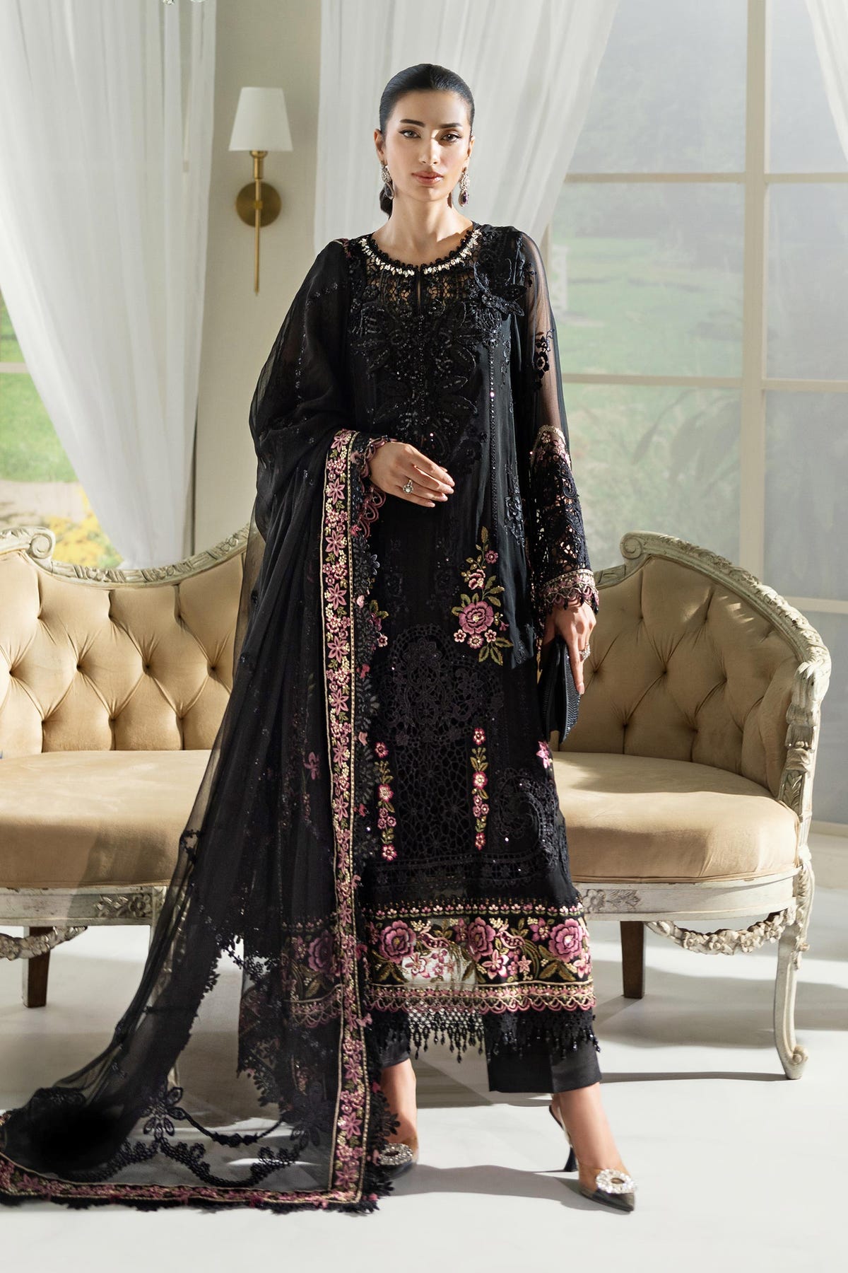 Maria B | Embroidered Chiffon Suit | MPC-25-104 -  Maria B Unstitched Chiffon - Original Designer Dress - House of Maryam