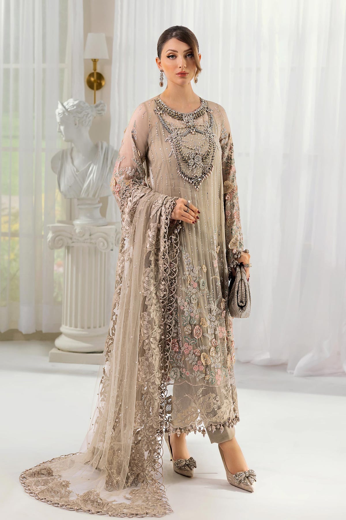 Maria B | Embroidered Chiffon Suit | MPC-25-107 -  Maria B Unstitched Chiffon - Original Designer Dress - House of Maryam