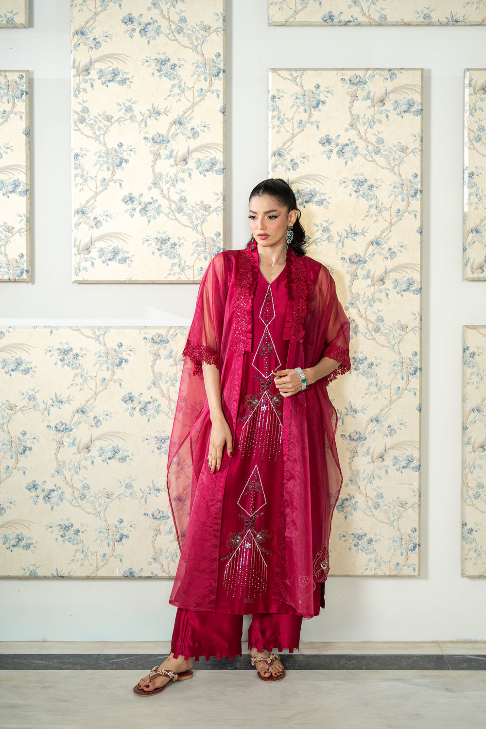 Wahaj M Khan | Lra Eid Collection 26 | Magenta Organza Cape Set, image 2